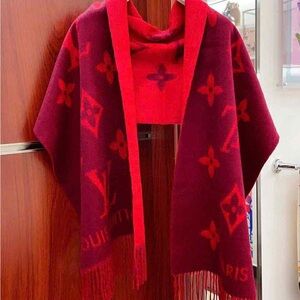 Authentic Louis Vuitton Red Cashmere Scarf with Fringe